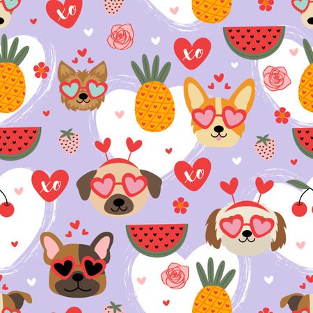 valentine seamless pattern with dogs and love elementsのイラスト素材