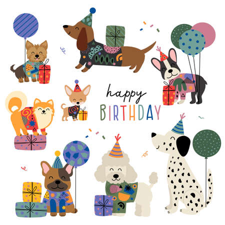 set of isolated cute funny dogs for birthdayのイラスト素材
