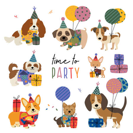 set of isolated cute dogs for birthdayのイラスト素材