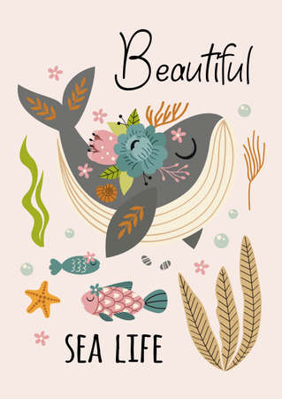 beautiful marine poster with whaleのイラスト素材
