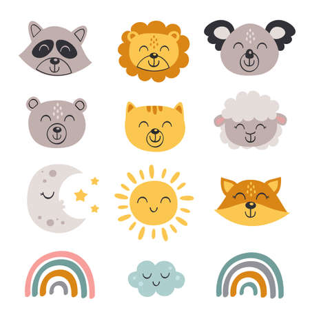 set of isolated baby animals faces, rainbow, moon, sun, cloudのイラスト素材
