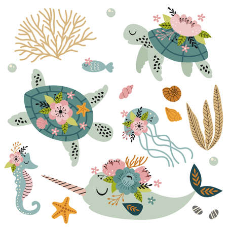 set of isolated cute sea animals with flowersのイラスト素材