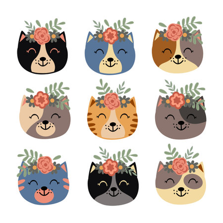 set of isolated cute cat faces with flowersのイラスト素材