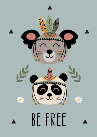 poster with tribal koala and pandaのイラスト素材