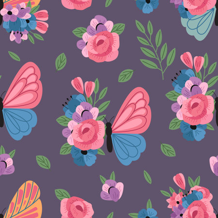 seamless pattern with colorful decorative butterfly and flowersのイラスト素材