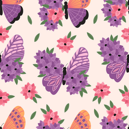 seamless pattern with violet decorative butterfly and flowersのイラスト素材