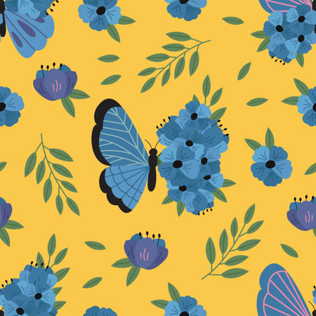 seamless pattern with blue decorative butterfly and flowersのイラスト素材