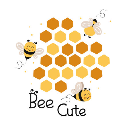 poster with cute bees and honeycombのイラスト素材
