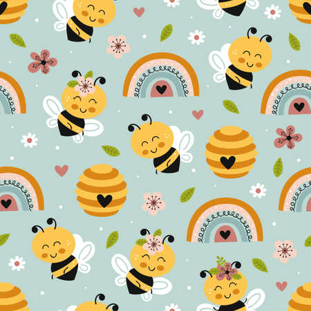 seamless pattern with bee, beehive, rainbowのイラスト素材