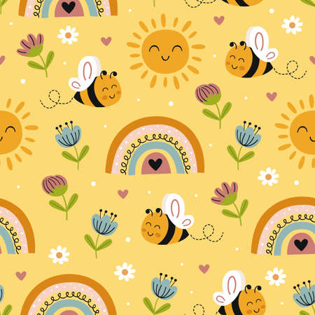 seamless pattern with cute happy bee and rainbowのイラスト素材