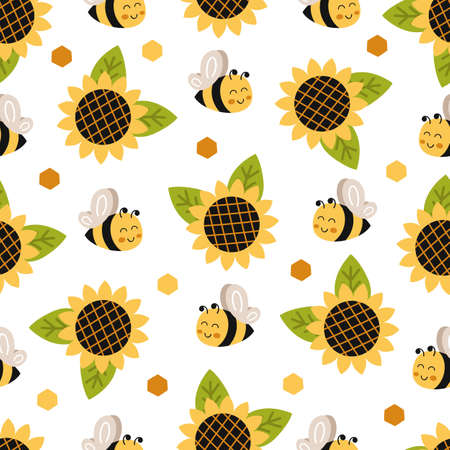 seamless pattern with bee and sunflowersのイラスト素材
