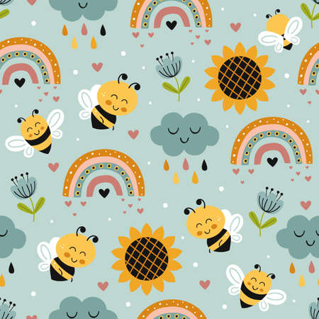 seamless pattern with bee, sunflower, rainbowのイラスト素材