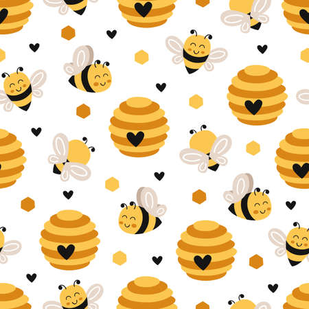 seamless pattern with cute little bee and beehiveのイラスト素材