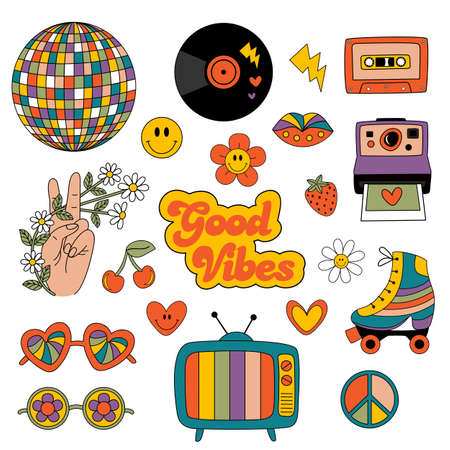 set of isolated retro 70s 90s groovy elements, cute hippy stickers.のイラスト素材