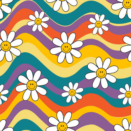 rainbow seamless pattern with funny flowers