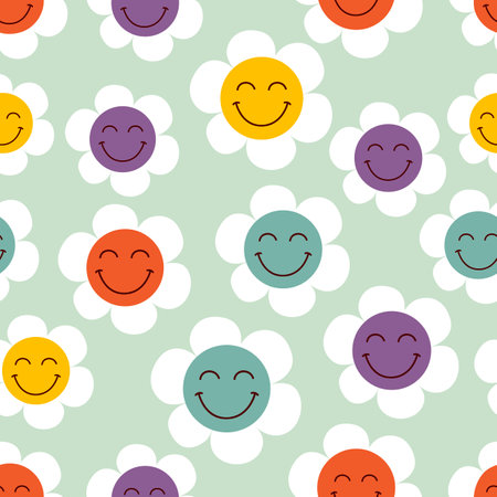 seamless pattern with funny smiling flowersのイラスト素材