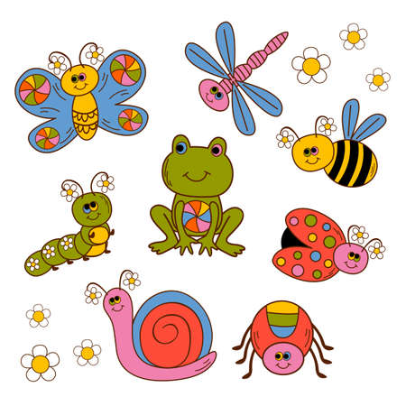 set of isolated funny frog and insectsのイラスト素材