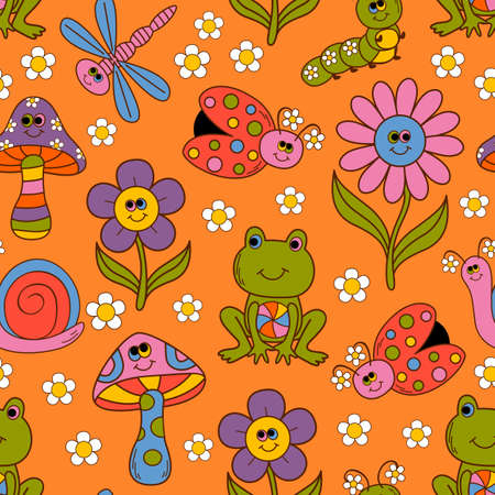 seamless pattern with funny flowers, insect, frog, mushroomsのイラスト素材