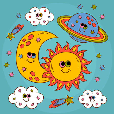 cute poster with smiling sun, moon, planet, cloudのイラスト素材