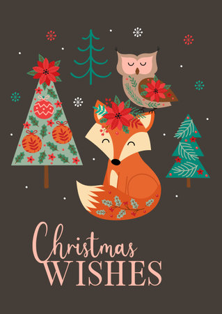 Greeting card with fox, owl, Christmas treesのイラスト素材