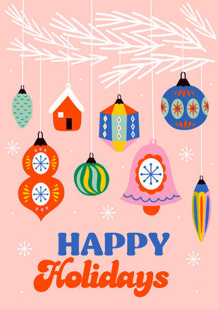 Greeting card with retro Christmas tree ornamentsのイラスト素材