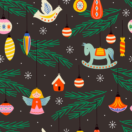 seamless pattern with vintage cute Christmas ornamentsのイラスト素材