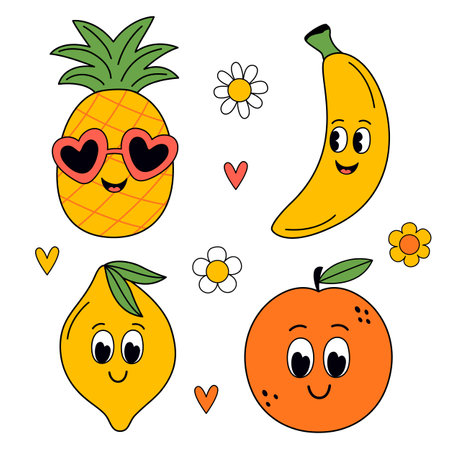 set of isolated cute pineapple, banana, lemon, orangeのイラスト素材