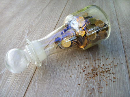 seeds and money on a wooden tableの写真素材