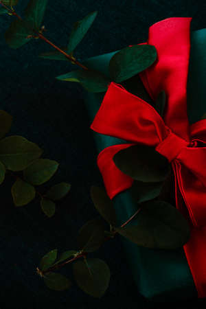 Close-up of the Christmas gift box on top. Green gift box with a red silk bow on a dark background, twigs with green leavesの写真素材
