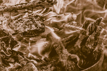 burnt log close-up. photo of the fire. Bonfire in nature. The smoke and fire. Sepia. Tinted photo. Horizontal imageの写真素材