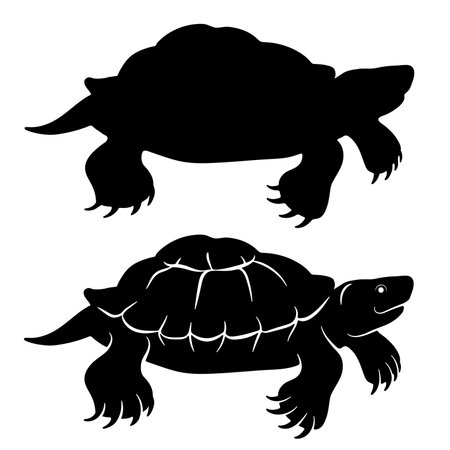 Black silhouettes of a waterfowl red-eared turtle.のイラスト素材