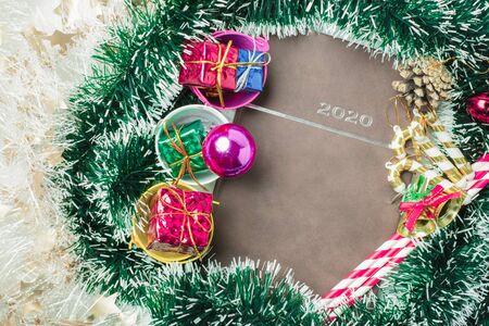 Christmas background, Merry Christmas greeting card idea with decoration of colorful gifts with...