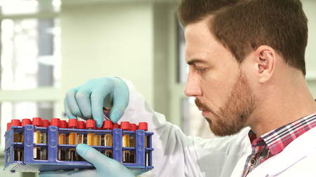 Serious laboratory assistant carefully examines test tubes with assays