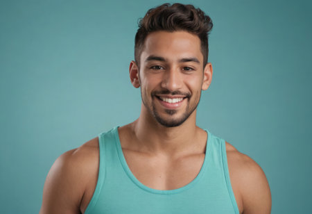 A man in a teal tank top gives a friendly smile, his casual look and confident stance indicative of a relaxed demeanor.の素材