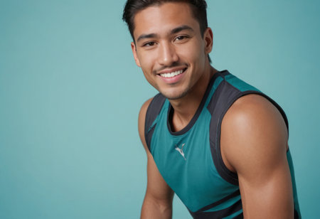 An athletic man in a teal sports vest smiles confidently, showcasing a fit and active lifestyle.の素材