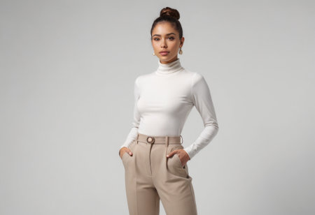 A professional young woman in a white turtleneck and beige trousers stands with hands in pockets, exuding a mix of comfort and style.の素材