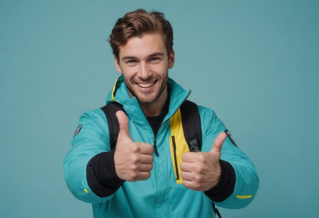 A man in a teal jacket with a backpack gives a thumbs up, his adventurous spirit captured in his bright smile and readiness.の素材
