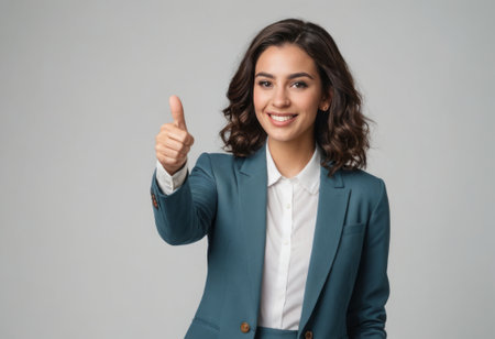 A young businesswoman in a teal blazer gives a thumbs up, her smile conveying confidence and success.の素材