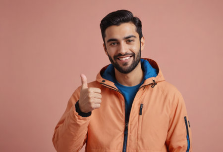 A man in an orange jacket with a fur-lined hood gives a thumbs up, his casual look and smile suggesting comfort and positivity.の素材