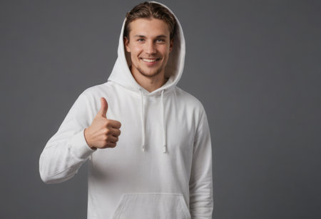 A cheerful young man in a white hoodie giving a thumbs up, with a clean grey backdrop.の素材