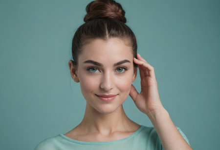 A stylish woman in a casual pose touching her hair, wearing a light teal top against a blue background.の素材