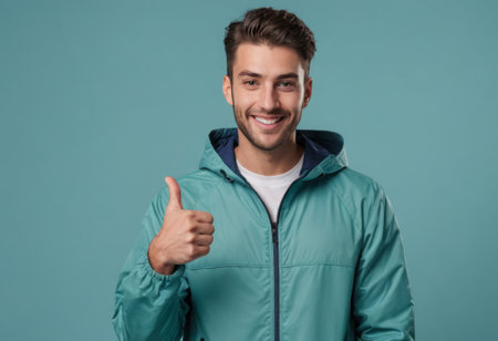 A jovial man in a teal jacket gives a thumbs up, his easy-going grin and casual style conveying warmth and friendliness.の素材