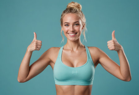 A radiant fitness trainer gives a double thumbs up in a teal sports bra, embodying energy and health.の素材