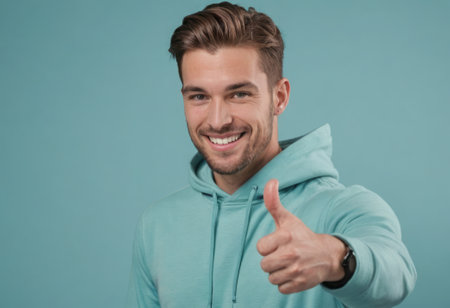 A man with a friendly smile in a teal hoodie gives a thumbs up, his demeanor is inviting and his style suggests an easy-going nature.の素材