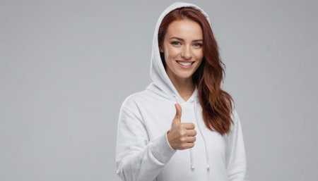 A young woman with a friendly smile wearing a white T-shirt, giving a thumbs up as a sign of approval and positivity.の素材