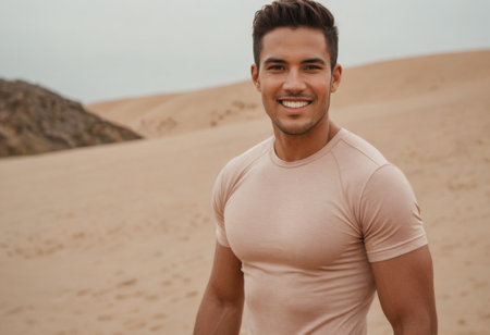 A fit man in a desert setting, wearing a light peach shirt that complements the sandy background.の素材