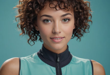 A stylish woman with short curly hair poses in a sleeveless sportswear top, her confident look suggests strength and fashion sense.の素材