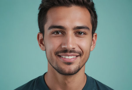 A man in a teal t-shirt with a charismatic smile, exuding a friendly and easygoing personality.の素材