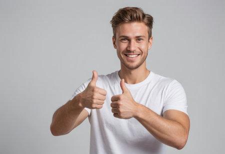 A smiling young man in a white shirt making a thumbs up sign. Symbolizes satisfaction and positivity.の素材