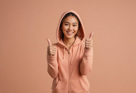 A delighted woman poses with two thumbs up wearing a casual hoodie. The peach-colored background enhances her upbeat mood.の素材